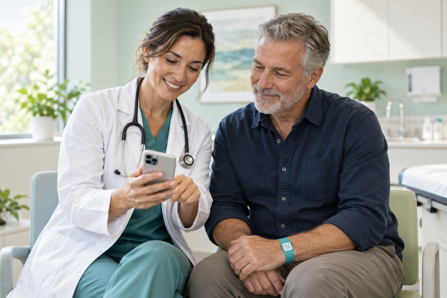 Una médica consulta información junto a un paciente con pulsera de identificación.